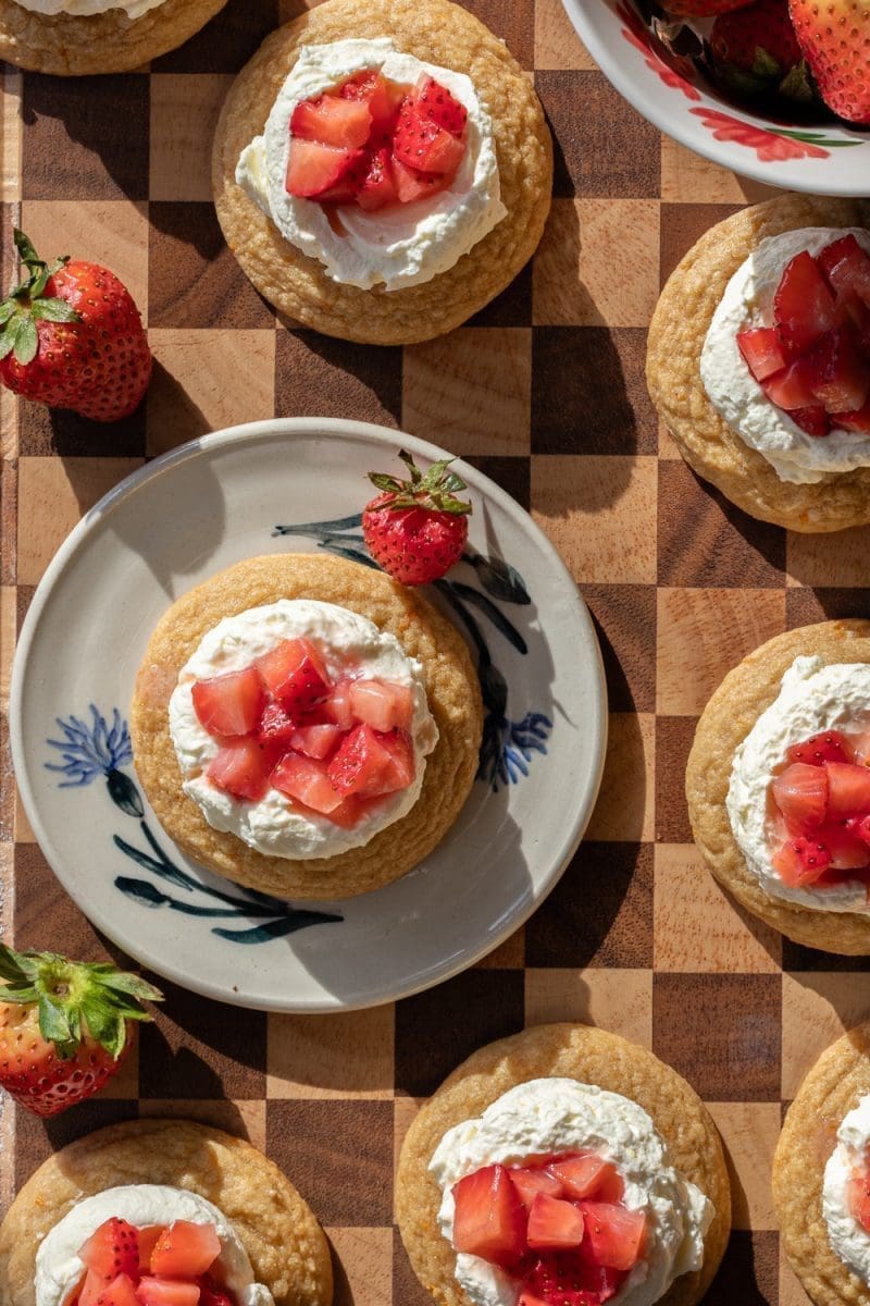 The strawberry shortcake cookies stylized on a platter.