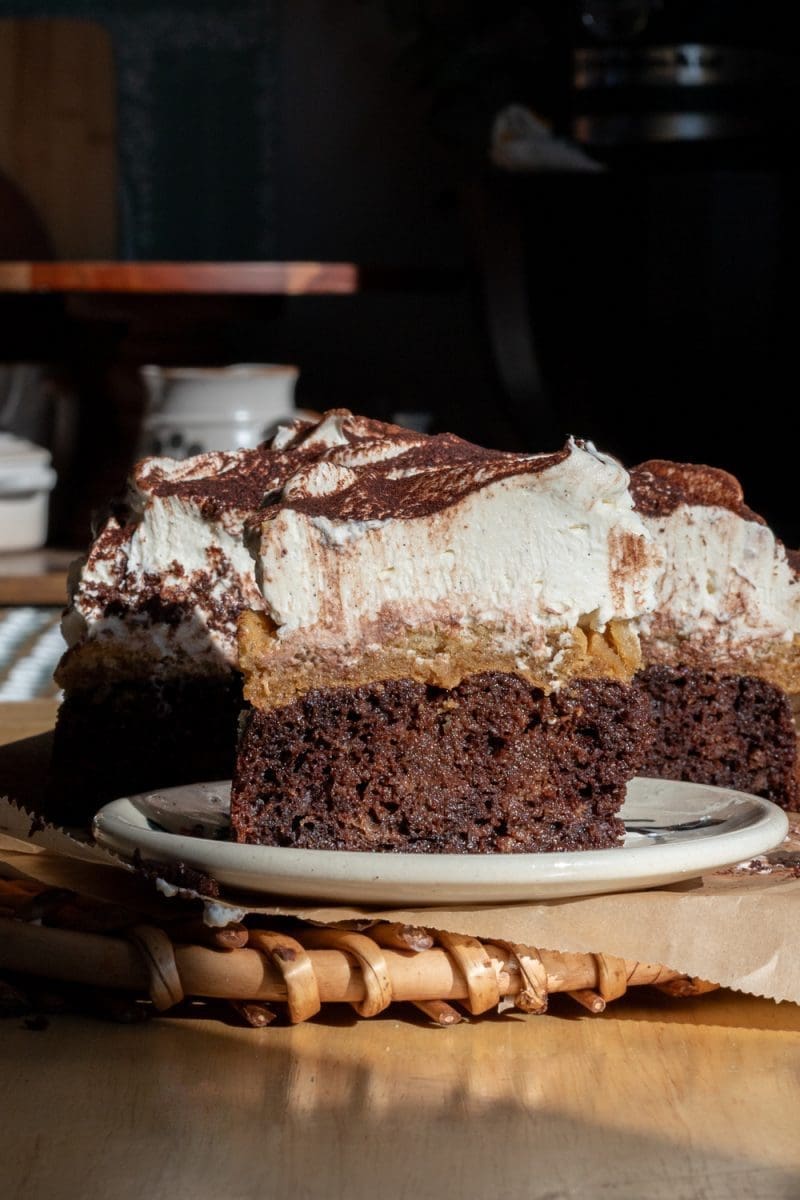 Close up slice. of the tiramisu chocolate cake.