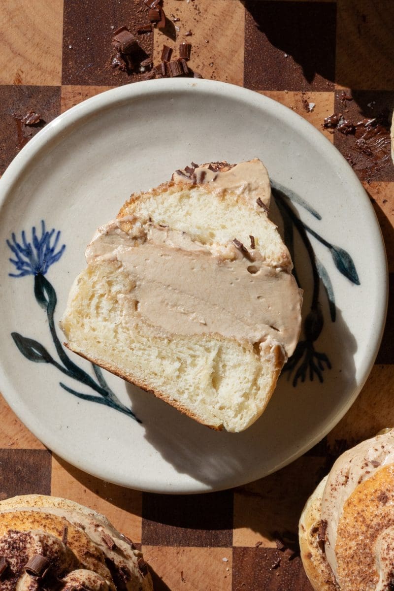 Close up cross-section of the tiramisu cream buns.