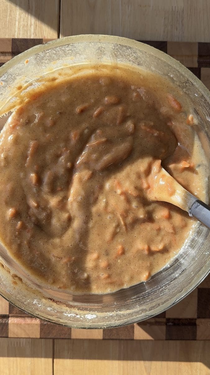 The dry ingredients mixed into the wet ingredients.