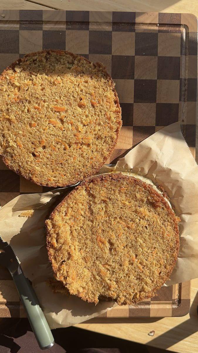 The cake sliced in half.