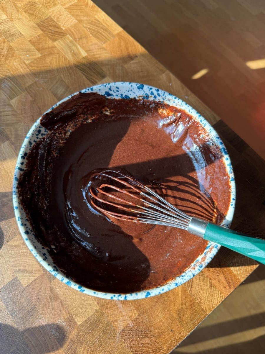 The wet ingredients for the brownie dough mixed together.