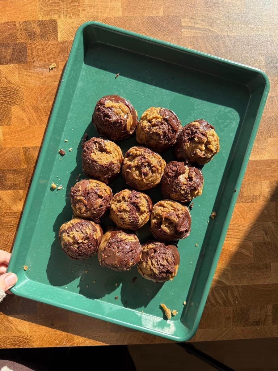 The finished espresso brownie chocolate chip cookie dough balls.