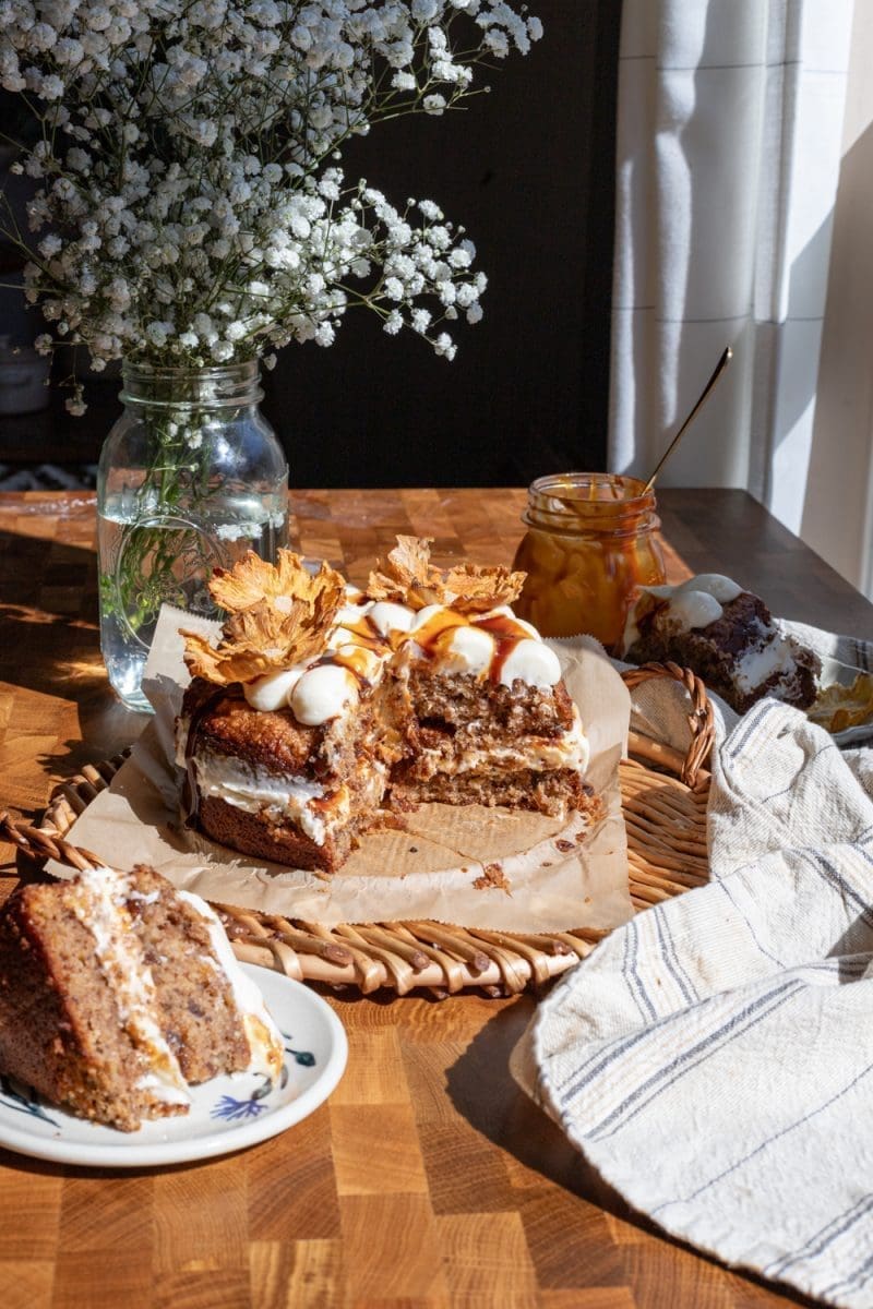 The sliced hummingbird cake on a tray.