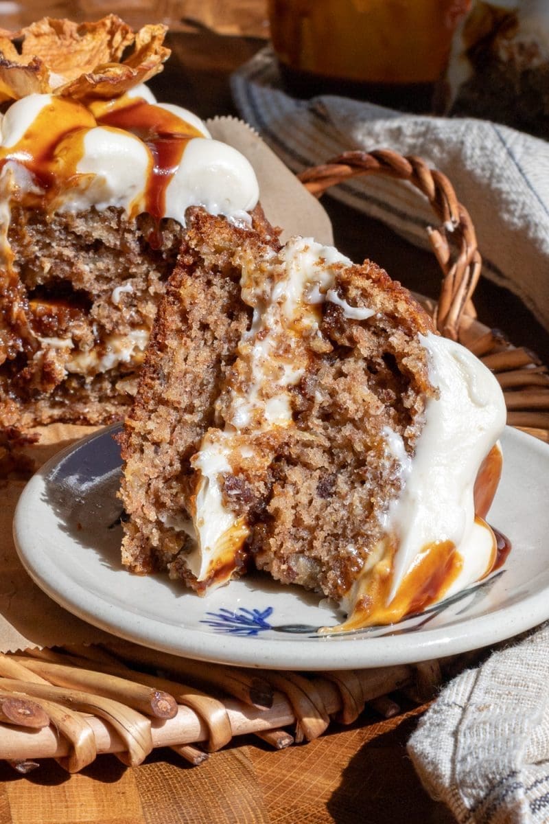 Close up of slice of the hummingbird cake.