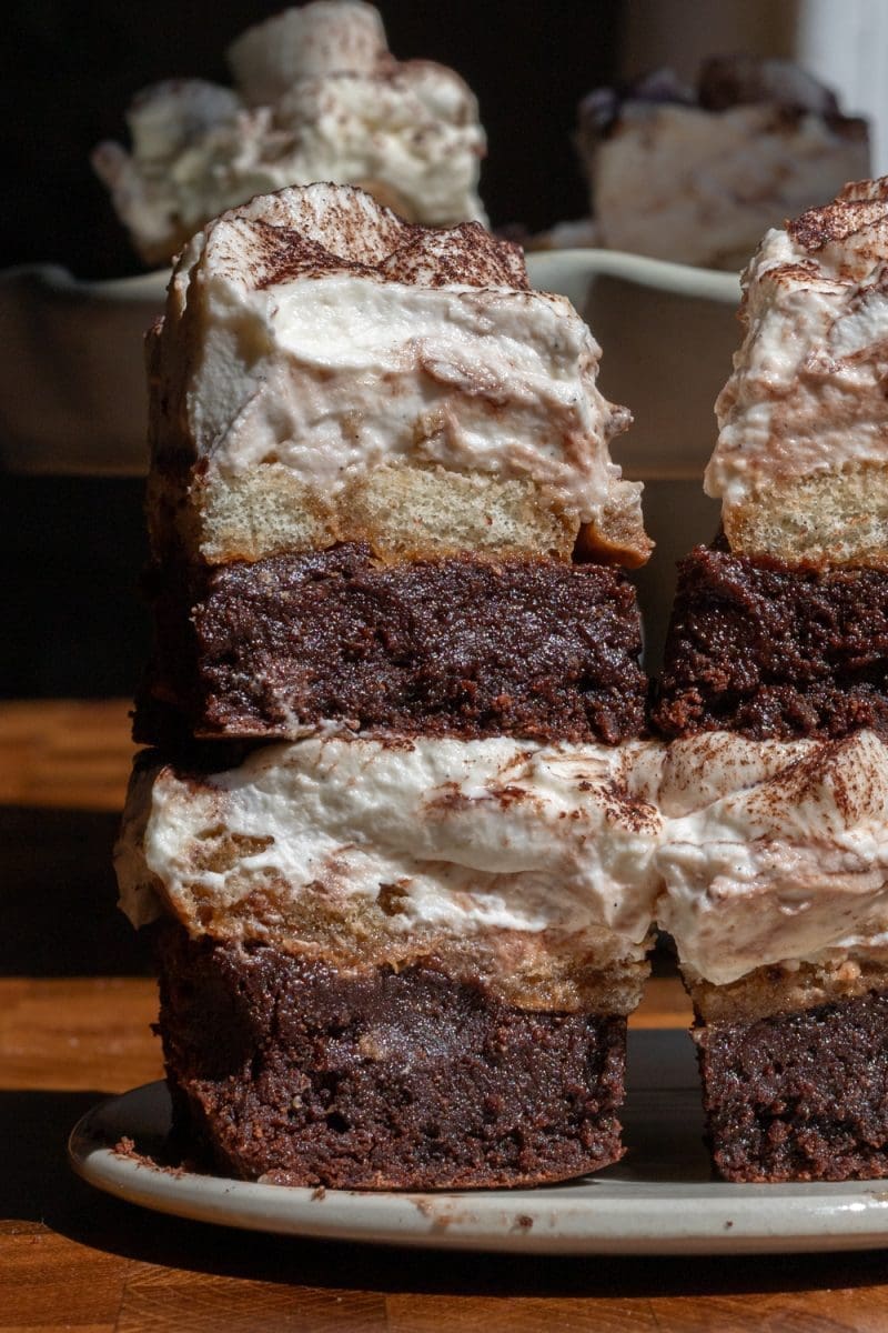 Close up cross-section of the small batch tiramisu brownies.