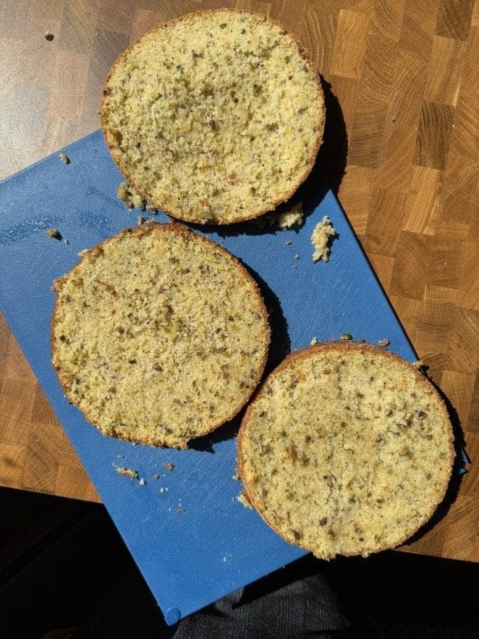 The cake sliced into three layers.