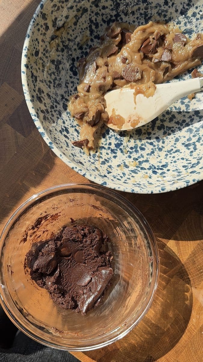 The chocolate cookie dough next to the vanilla cookie dough.