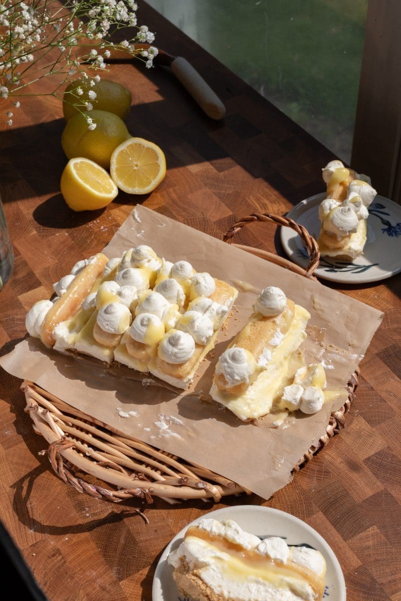 Angled view of the sliced lemon tiramisu no bake cheesecake.