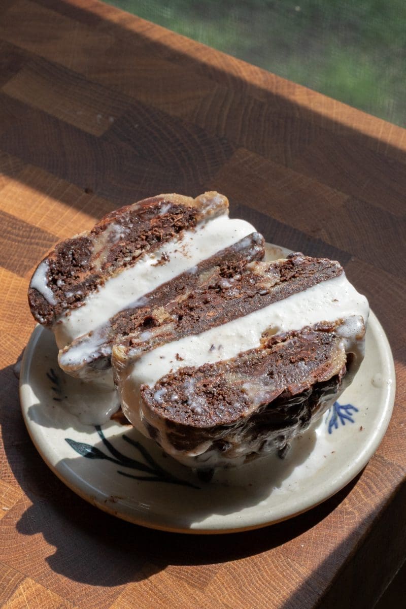 The single serve cookie ice cream sandwich cut in half.