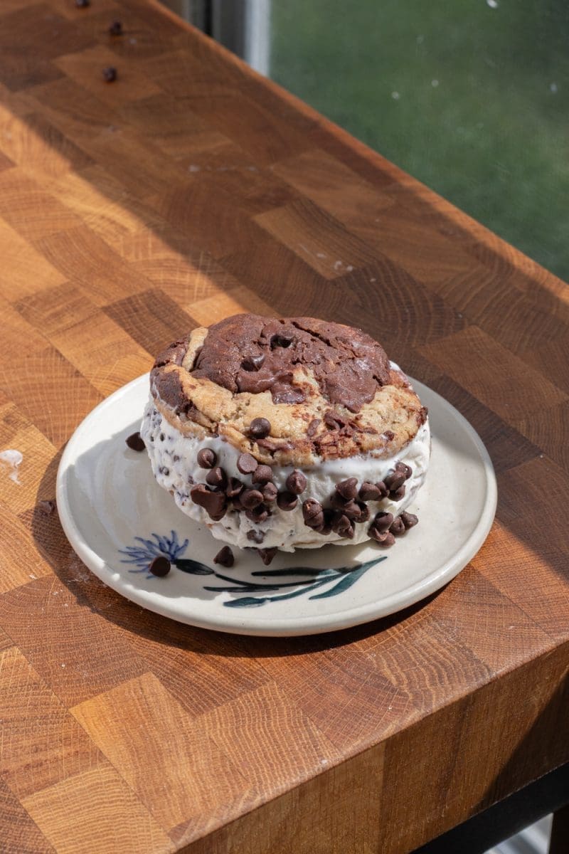 The single serve cookie ice cream sandwich on a plate.
