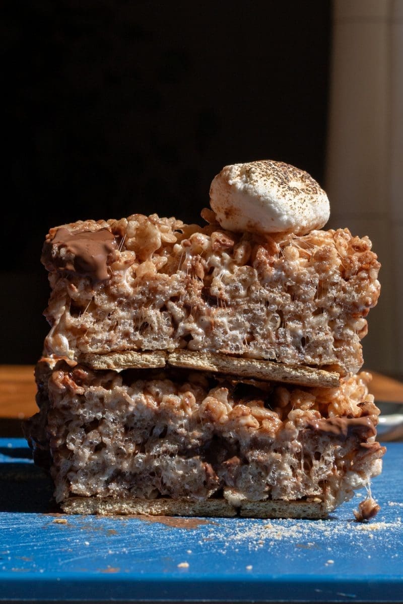 Two of the small batch s'mores Rice Krispie stacked on top of each other.