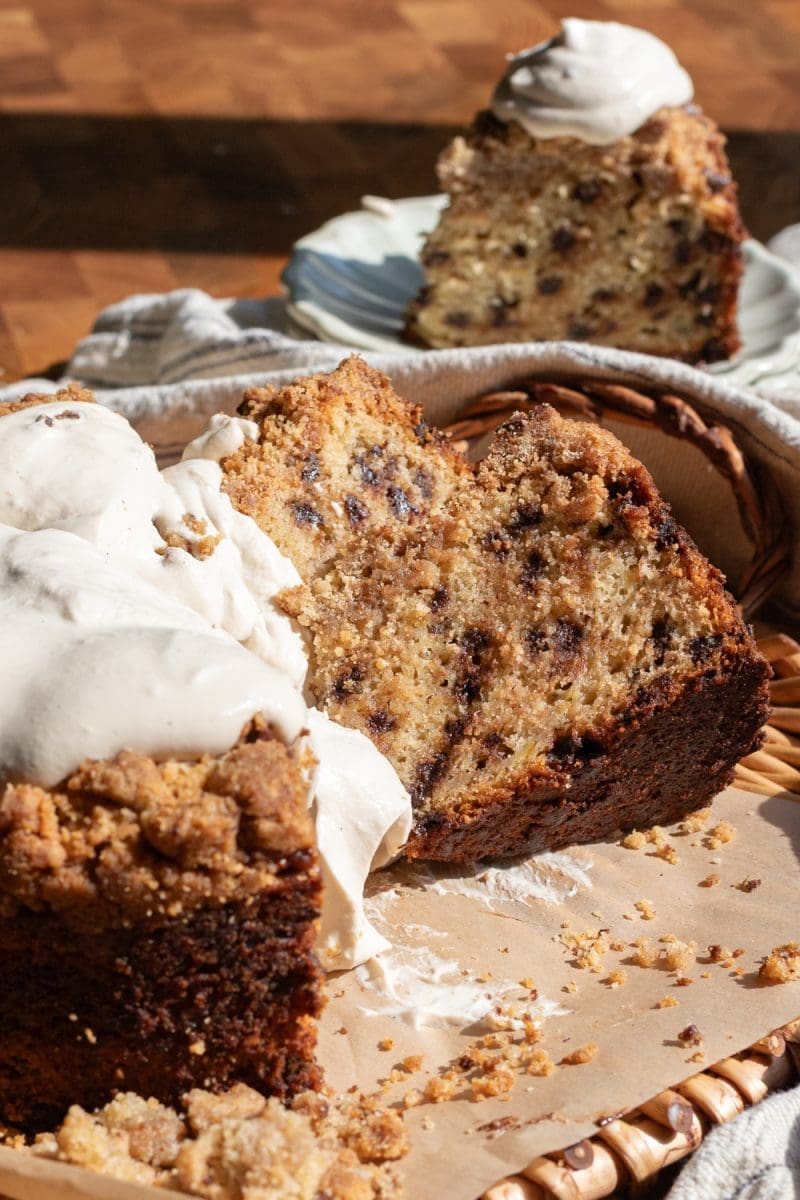 Side view of the sliced banana chocolate chip crumb cake.