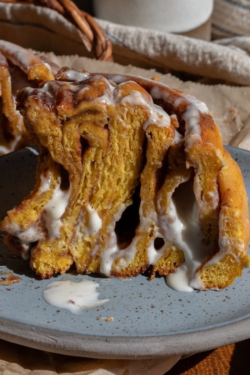 Close up slice of the giant pumpkin cinnamon roll.