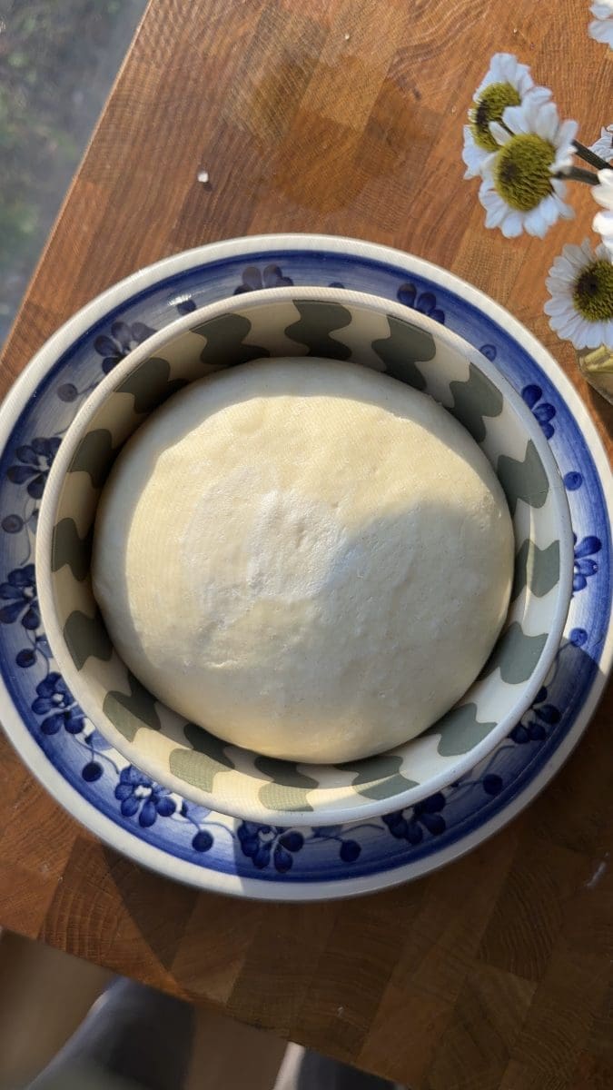 The dough in a mixing bowl.