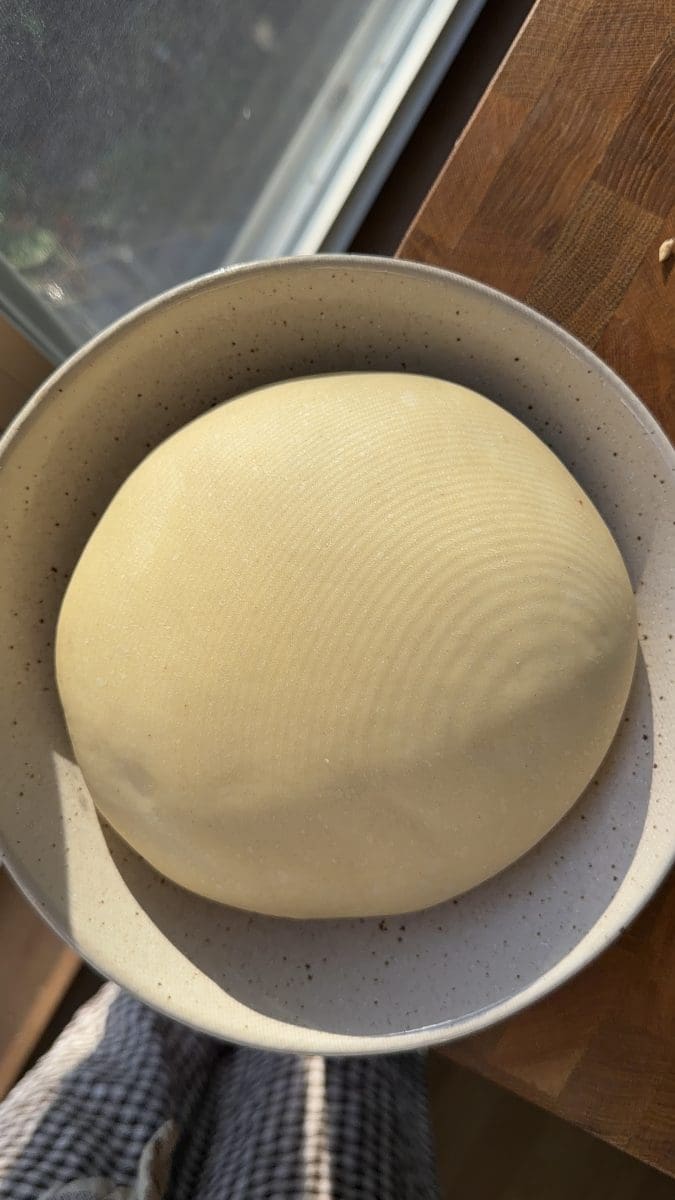 The milk bread dough in a mixing bowl.
