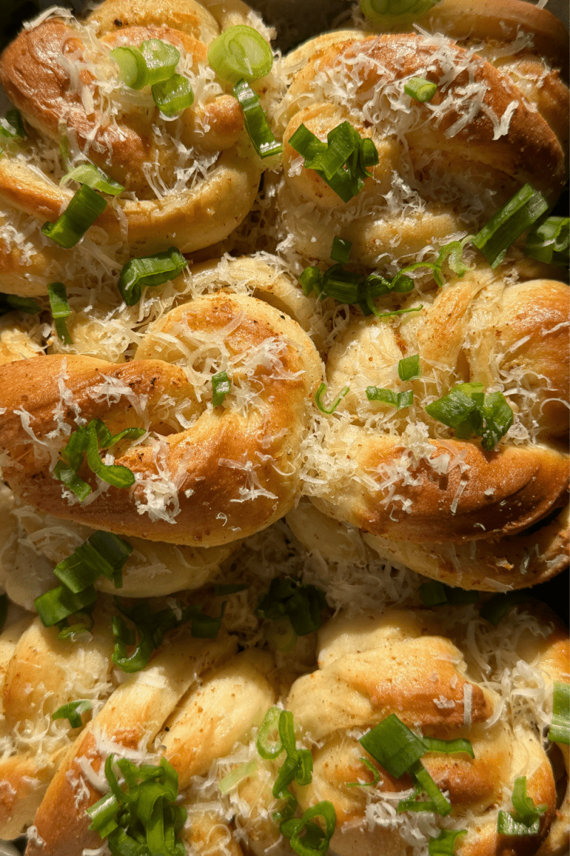 Close up of the brown butter garlic knots.