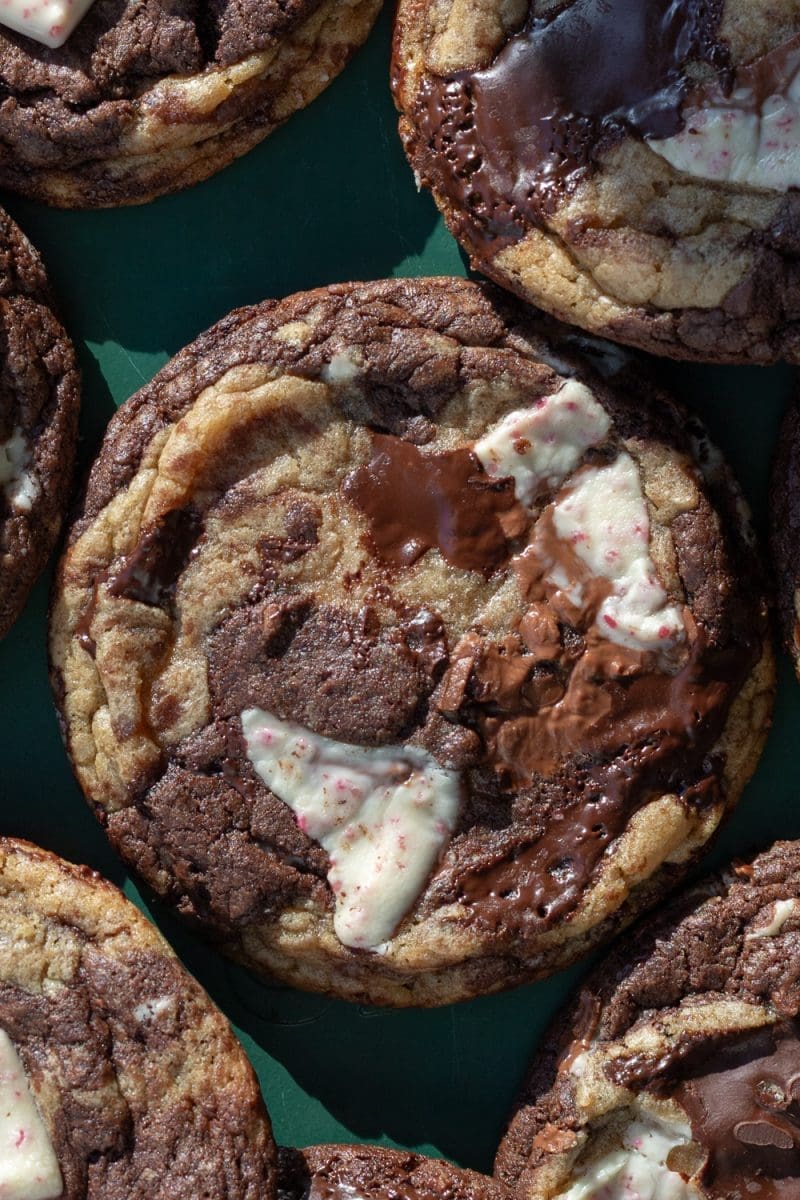 Close up of one of the peppermint chocolate chip cookies.